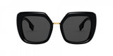 Front view of Burberry BE4315F 300187 53 Charlotte Unisex Sunglasses, featuring an oversized square black frame, dark lenses, and a slim gold bridge from Burberry Sunglasses.