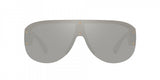 The Versace VE4391 311/6G 48 Unisex Sunglasses feature an oversized shield design with a single gray lens, small gold accents, and the Versace name subtly on the upper right corner.