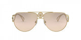 Versace Sunglasses VE2225 10027I 60: Unisex gold aviator-style frames with light brown gradient lenses, featuring a central Medusa logo and decorative side accents for a standout look.