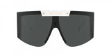 Front view of Versace VE4393 401/87 46 Unisex Sunglasses by Versace Sunglasses, featuring a single large lens, black frame, and a white top panel with the gold Versace logo for a stylish look.