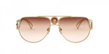 The Versace VE2225 10020P 60 Unisex Sunglasses feature a gold aviator frame, brown gradient lenses, a central Medusa emblem, and detailed temple arms—blending classic style with signature Versace luxury.