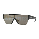 Burberry BE4291 3001/G 38 Unisex Sunglasses feature a sleek, modern design with black frames, a single flat brown-tinted visor lens, and the Burberry logo on the left lens and arm.