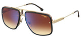 Carrera CA Glory II J5G 59 unisex sunglasses feature gold frames, large square blue-to-brown gradient lenses, and bold red detailing on top. Gold arms with black tips add a stylish finish to these standout Carrera Sunglasses.