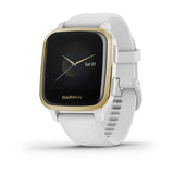 The Garmin 010-02427-01 Venu®SQ by Garmin Watches is a unisex smartwatch with a white silicone strap, gold bezel, and square black touchscreen. The angled view highlights its side button and textured strap.