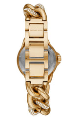 A close-up of the Michael Kors Watches MK6842 Mini Camille Pave gold stainless steel women’s watch, showing its crystal-embellished chunky link strap and "MICHAEL KORS" engraved on the back.
