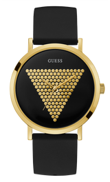 The Guess Watches U1161G1 IMPRINT men’s watch features a black face with gold triangle dots, a gold bezel, and a sleek black silicone strap—ideal for those who love bold Men Watches.