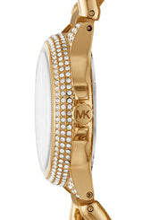 Side view of the Michael Kors MK6842 Mini Camille Pave gold stainless steel women’s watch featuring a round crystal-encrusted face, engraved MK crown, and an elegant pave link strap by Michael Kors Watches.