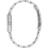 Side view of the Guess GW0026L1 Chateau Silver Stainless Steel Women Watch by Guess Watches, featuring a slim metal link bracelet, rectangular face, and clasp, photographed on a white background.