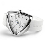 The Hamilton H24505311 Ventura Elvis80 Auto unisex watch by Hamilton Watches features a unique triangular face, silver markers, date at the top, white silicone strap, and automatic movement displaying 10:10.