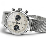 The Hamilton H38429110 American Classic Intra-Matic Chronograph by Hamilton Watches features a vintage-inspired silver case, mesh strap, white dial with two black subdials, and three side buttons. Photographed on a white background.
