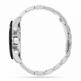 Side view of the Hugo Boss 1513757 men's stainless steel watch by Hugo Boss Watches, featuring a linked band, crown, and two pushers on the side, shown vertically against a white background.