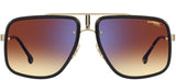 Carrera CA Glory II J5G 59 Unisex Sunglasses feature rectangular gold metal frames, black rim accents, and large brown-to-blue gradient lenses. Carrera branding is visible on the upper right lens. From Carrera Sunglasses.
