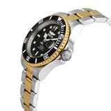 The Invicta Watches 28663 Pro Diver Automatic Men's watch features a black dial, gold and silver metal band, black unidirectional bezel, date display, and luminous hour markers and hands.