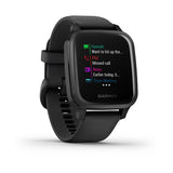 The Garmin 010-02430-00 Venu®SQ Music Edition Black Silicone Strap Unisex Watch by Garmin Watches displays message, call, news, and meeting notifications on its angled screen against a white background.