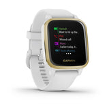 The Garmin Watches 010-02427-01 Venu®SQ Unisex features a white silicone strap and gold bezel, displaying messages, missed calls, news, and reminders for a blend of smart functionality and stylish design.