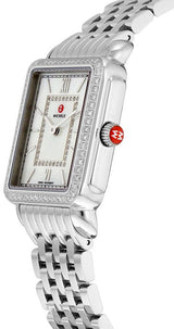 The Michele MWW06I000001 by Michele Watches features a silver rectangular face, diamond-accented bezel, Roman numerals, white minimalist dial, square steel strap, and a crown with the signature red Michele logo.