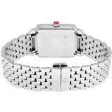 A close-up of the Michele Watches MWW06I000001 Women’s watch shows the engraved brand name and details on the square steel strap and case back.