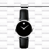 A Movado 0607274 Museum Classic men’s watch by Movado Watches, featuring a black leather strap and silver bezel, is centered on a gray background with repeating LEXOR MIAMI logos. A bold LEXOR MIAMI logo appears at the top center.