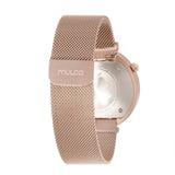 The Mulco MW3 17219 033 Couture Iconic women’s watch features a rose gold tone and stainless steel mesh strap, displayed from the back. The engraved backplate has a clover design, with the Mulco Watches brand name on the clasp.