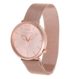 The Mulco MW3 17219 033 Couture Iconic Mesh Women’s Watch features a rose gold stainless steel mesh strap, minimalist dial with stylized hands, subtle numerals, and the elegant Mulco Watches brand on the face.