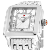 A close-up of the Michele MWW06T000141 Deco Madison Diamond unisex watch highlights its silver square face with Roman numerals, diamond accents, stainless steel strap, red crown, and the “Michele Watches” brand on the dial.
