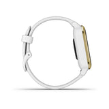 Side view of the Garmin 010-02427-01 Venu®SQ unisex smartwatch by Garmin Watches, showcasing a gold case and white silicone strap, displayed against a plain white background.