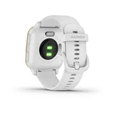 A Garmin 010-02427-01 Venu®SQ White Silicone Strap Unisex Watch is shown with its back side visible, highlighting the illuminated green heart rate sensor and the Garmin logo on the white strap.
