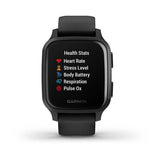 The Garmin 010-02430-00 Venu®SQ Music Edition unisex smartwatch features a black silicone strap and displays health stats such as heart rate, stress, body battery, respiration, and pulse oximeter readings on its screen.