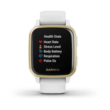 The Garmin 010-02427-01 Venu®SQ unisex watch by Garmin Watches features a white silicone strap and displays health metrics like Health Stats, Heart Rate, Stress Level, Body Battery, Respiration, and Pulse Ox on its screen.