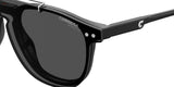 Close-up of the right side of black Carrera 2024T/C 807 47 Unisex Sunglasses with dark lenses, featuring the Carrera logo and UV PROTECTED text on the lens, plus a small metallic detail on the frame.