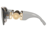 Side view of Versace VE4391 311/6G 48 Unisex Sunglasses, featuring thick shiny gray arms and a bold gold Medusa head emblem on the temple.