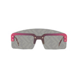 Fendi FE40023U 32A 00 Unisex Sunglasses feature a flat, wide gray lens with a subtle monogram, dark red brow bar and temples, plus gold-tone rivet accents—a true luxury style from Fendi Sunglasses.