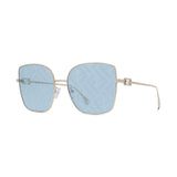 The Fendi FE40013U 32V 59 Women Sunglasses feature square-shaped, thin gold metal frames with light blue patterned lenses and geometric arm details, embodying the elegance of Fendi Sunglasses.