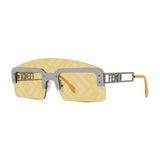 The Fendi FE40023U 12J 00 Unisex Sunglasses feature rectangular, yellow-tinted rimless lenses with a subtle pattern, silver geometric-cutout arms, and yellow ear tips for a bold luxury look.