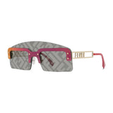The Fendi FE40023U 32A 00 Unisex Sunglasses feature oversized mask-shaped frames, gray lenses with the Fendi logo, bold orange and pink rims, gold cut-out arms, and red temple tips for a modern, stylish look.