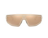 Front view of Versace VE2226 12527P 45 Unisex Sunglasses—oversized shield style with a single rose gold-tinted lens, clear frame, and decorative emblem above the nose bridge. Brand: Versace Sunglasses.