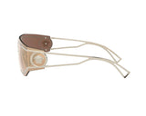 Side view of Versace VE2226 12527P 45 Unisex Sunglasses with a gold metal frame, brown shield lens, bold double-bar design, and intricate Medusa emblem on the arms for a modern, luxurious look. From Versace Sunglasses.