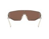 Front view of Versace VE2226 12527P 45 unisex sunglasses by Versace Sunglasses, featuring a brown wraparound shield lens, clear nose pads, and slim light-colored temples, displayed on a white background.