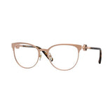 The Versace VE1271 1412 54 women’s optical frame features rose gold cat-eye metal rims, adjustable nose pads, dark tortoiseshell arms, and a round accent at the hinge—an elegant piece from Versace Sunglasses.