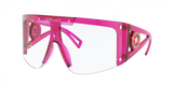 The Versace VE4393 53341W 46 Unisex Sunglasses feature a bold geometric pink frame, transparent fuchsia visor-style lens, and gold Medusa logos on the sides for a striking style statement.
