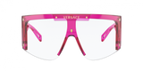 Front view of Versace VE4393 53341W 46 Unisex Sunglasses by Versace Sunglasses with a bold pink shield frame, transparent fuchsia lens, and logo at the top center—these sunglasses make a striking style statement.