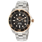 The Invicta Watches 12567 Pro Diver Quartz 3 Hand features a black dial with white hour markers, date window at 3 o’clock, black bezel with gold accents, and a two-tone silver and gold metal link band—a standout Black Dial Men’s Watch.