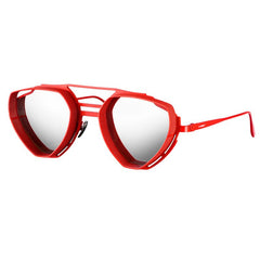 Vysen Enzo EZ-7 Unisex Sunglasses by Vysen Sunglasses feature a red geometric frame, mirrored lenses, double-bridge design, angular lines and side shields for a bold, futuristic look. Limited edition style with modern appeal.