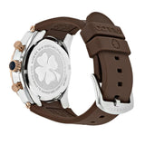 Back view of the Mulco MW5 5249 033 Kripton Lady Women’s Watch by Mulco Watches, with a brown silicone strap, stainless steel case with engraved shamrock, rose gold accents, and a silver buckle clasp detailed with Mulco branding.