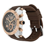 The Mulco MW5 5249 033 Kripton Lady by Mulco Watches features a brown silicone strap, rose gold-tone bezel, three side buttons, and a black dial with rose gold accents and subdials—sporty yet elegant for women.