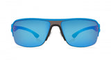 The Ic! Berlin Runway Graphite Pool Unisex Sunglasses by Ic Berlin Sunglasses feature a sporty black rubber hybrid square frame with blue accents and large mirrored blue lenses, shown from the front against a white background.